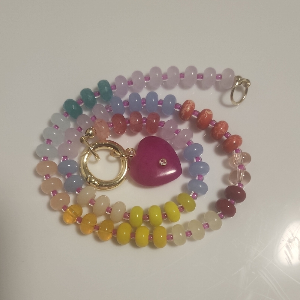 All Natural Stones Heart Necklace with Gold Ring Clasp 17inch Gemstones Necklace